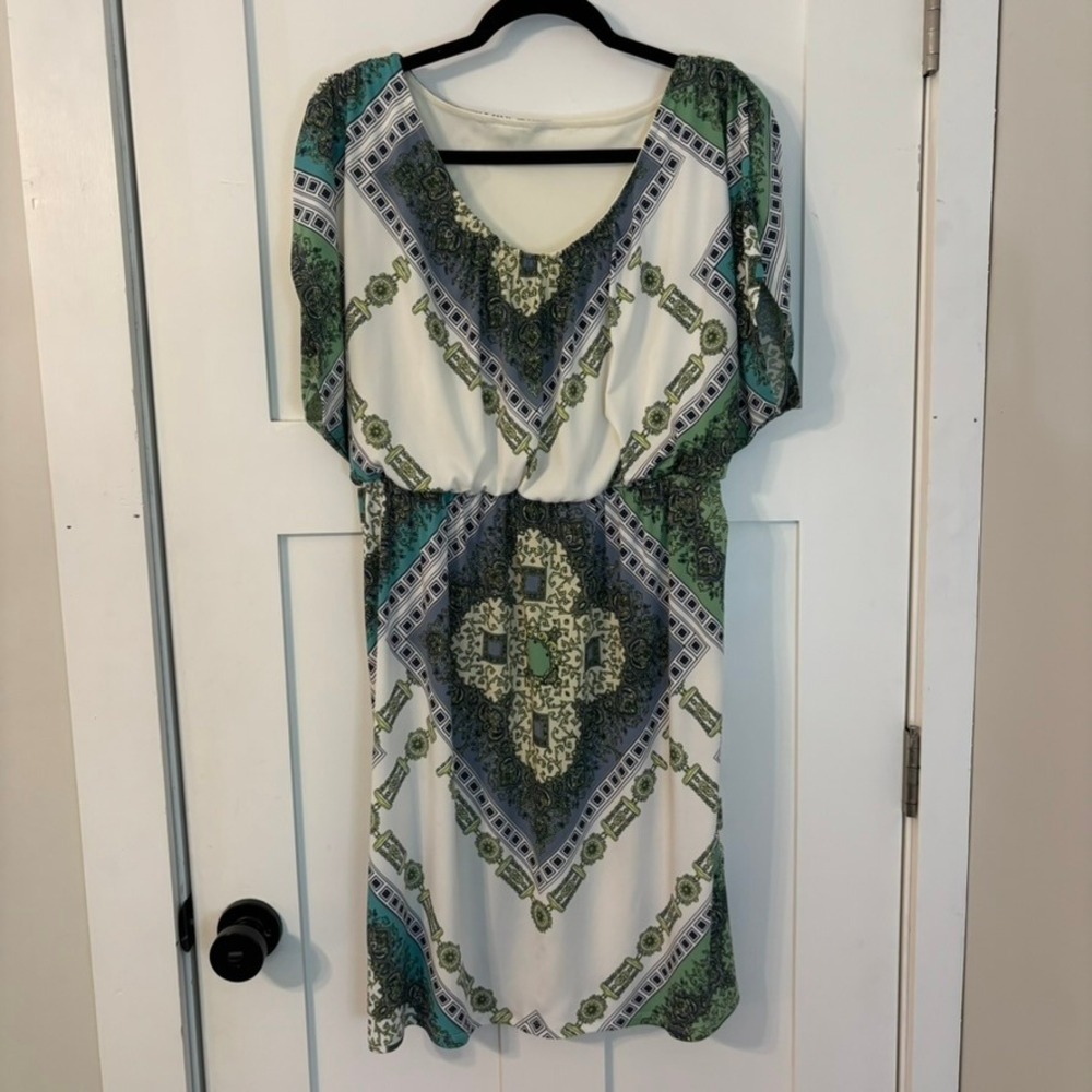 Green Teal Geometric Scarf Print Boho Midi Dress SS Lined 14 Boho Office Career